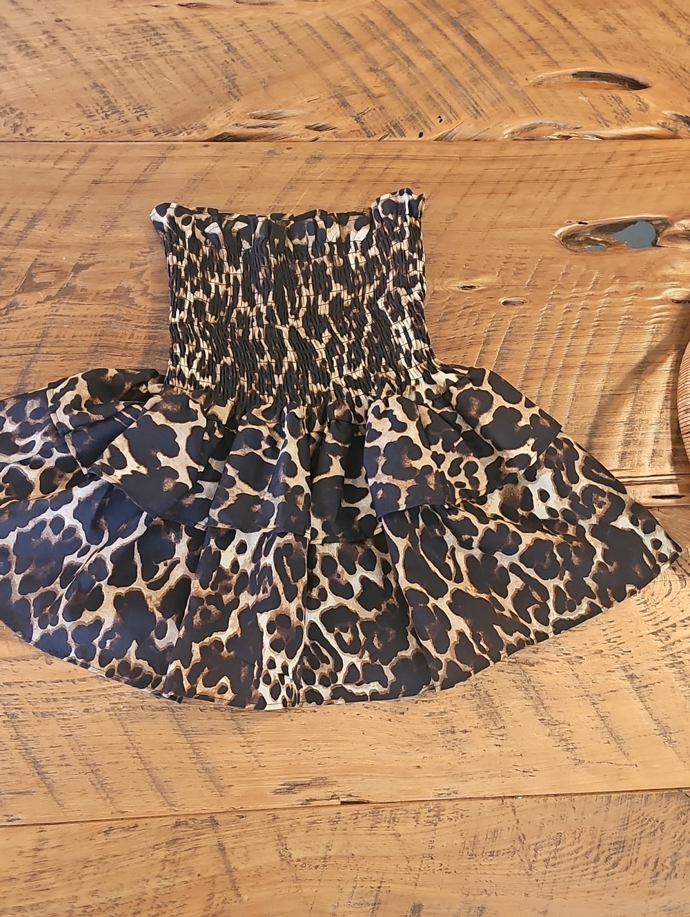 Strapless Leopard Print Ruffled Mini Dress